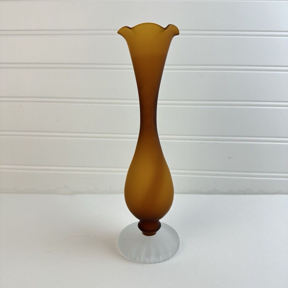 LEFTON Amber Brown Satin Glass Hand Blown Glass Fluted Footed Flower Bud Vase 8”